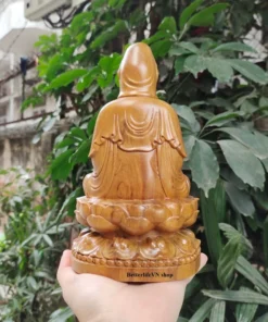 Guanyin Buddha Statue, Wooden Guan Yin on Lotus, 7.8 Inches, Hand-Carved Cypress