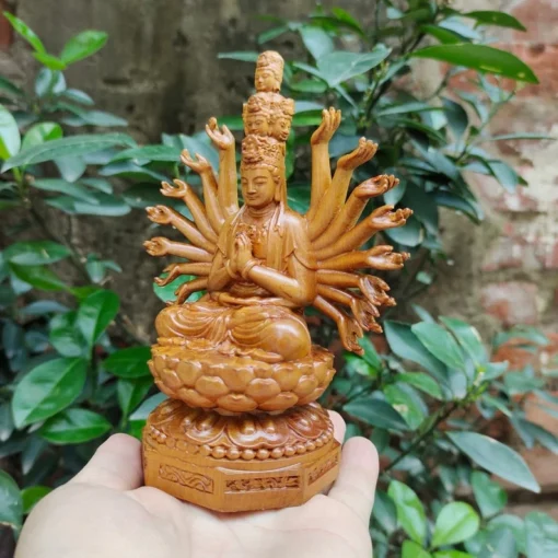 Guanyin Statue with Thousand Hands and Eyes, 5.9 inches, Natural Padauk Wood, Handcrafted