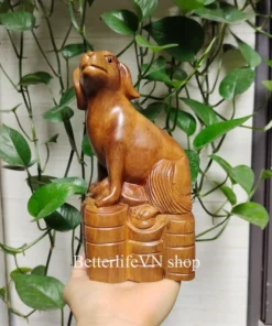 Handcarved Dog Sculpture, 7.8”H, Green Cypress Wood, Handmade, Table Décor