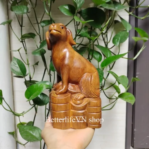 Handcarved Dog Sculpture, 7.8”H, Green Cypress Wood, Handmade, Table Décor