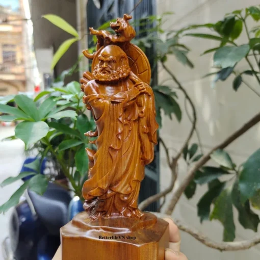 Handcrafted Bodhidharma Buddha Statue, 20cm, Cypress Wood, Barefooted with Conical Hat & Stick