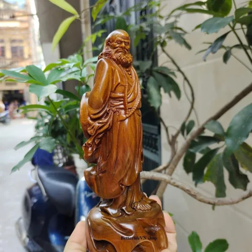 Handcrafted Bodhidharma Buddha Statue 7.8”H - Wooden, Cypress Wood, Authentic Vietnamese Craft