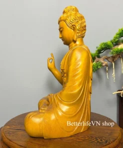 Handcrafted Gautama Buddha Statue, 19.5 Inches, Natural Doussie Wood, Shakyamuni Style