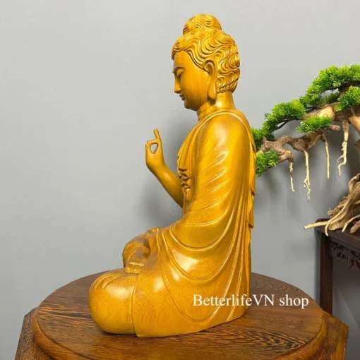 Handcrafted Gautama Buddha Statue, 19.5 Inches, Natural Doussie Wood, Shakyamuni Style