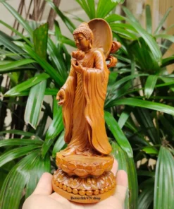 Handcrafted Gautama Buddha Statue 20cm, Natural Green Cypress Wood, Home Decor Gift