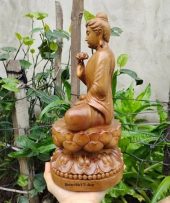 Handcrafted Gautama Buddha Wooden Statue 11.8" Natural Green Cypress - Shakyamuni on Lotus Pedestal