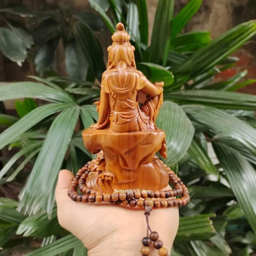 Handcrafted Guan Yin Buddha Statue, Wooden, 15 cm, Natural Green Cypress, Home Decor