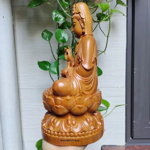 Handcrafted Guanyin Buddha Statue 11.8" - Wooden Kuan Yin on Lotus Pedestal - Home Decor