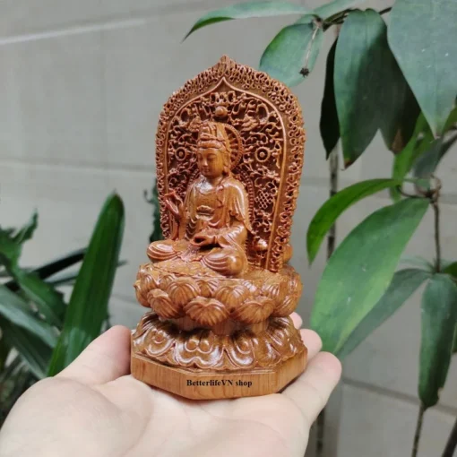 Handcrafted Guanyin and Amitabha Buddha Double-sided Wooden Statue 5.1" - Altar & Home Decor