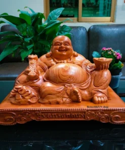 Handcrafted Laughing Buddha Statue 15.7" Wide, Padauk Wood, Feng Shui Décor, Large Happy Buddha