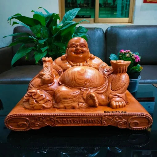 Handcrafted Laughing Buddha Statue 15.7" Wide, Padauk Wood, Feng Shui Décor, Large Happy Buddha