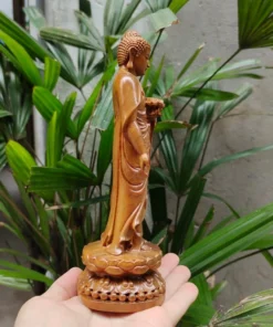 Handcrafted Shakyamuni Buddha Statue Standing on Lotus, 20cm, Incense Wood, Glossy Finish