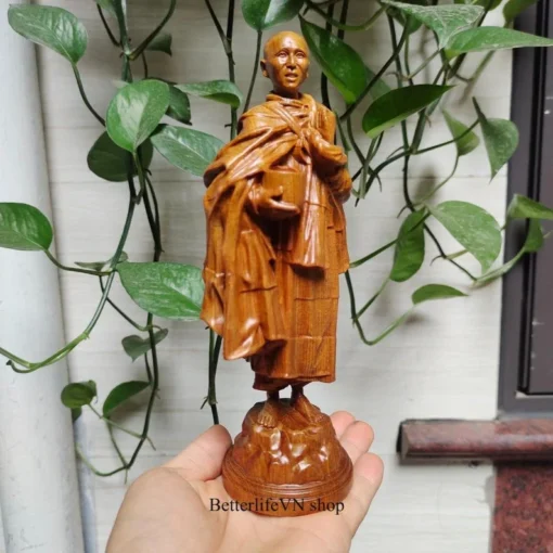 Handcrafted Thich Minh Tue Buddhist Monk Statue - 20 cm - Green Cypress Wood Sculpture - Zen Master Figurine