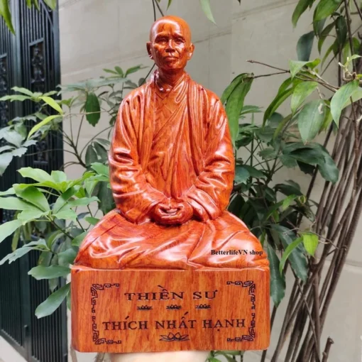 Handcrafted Thich Nhat Hanh Buddhist Monk Statue, 11.8 inches, Natural Padauk Wood Sculpture of Zen Master