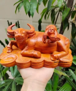 Handcrafted Water Buffalo with Kid - Wooden Buffalo Statue, Padauk Wood, 7.8x3.9 Inches, Glossy Finish