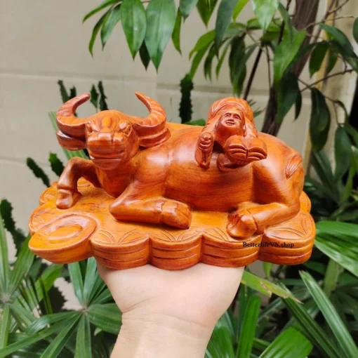 Handcrafted Water Buffalo with Kid - Wooden Buffalo Statue, Padauk Wood, 7.8x3.9 Inches, Glossy Finish