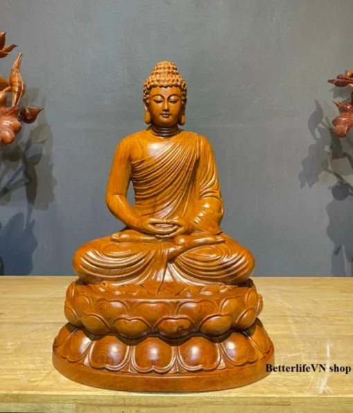 Handcrafted Wooden Gautama Buddha Statue, 15.7"-31.4", Natural Padauk Wood