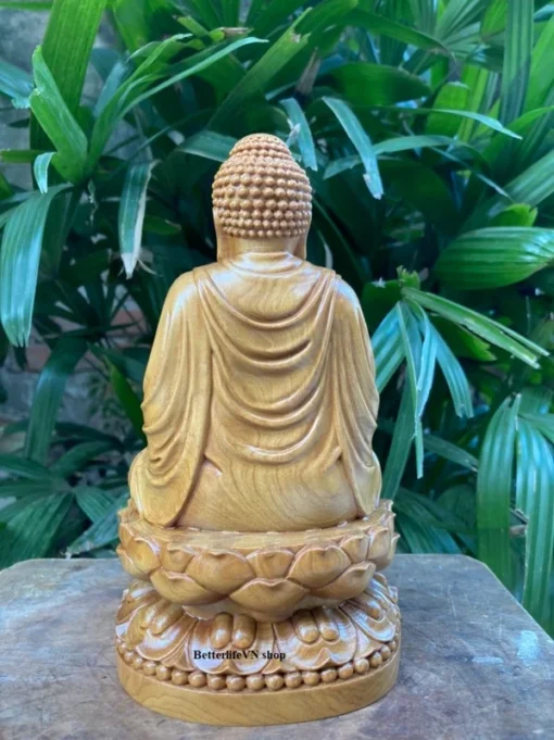 Handcrafted Wooden Gautama Buddha Statue, 7.8"H, Natural Green Cypress Wood