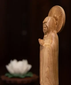 Handcrafted Wooden Guan Yin Statue, 8” Buddha Sculpture, Green Cypress, Ideal for Zen Home Decor & Meditation