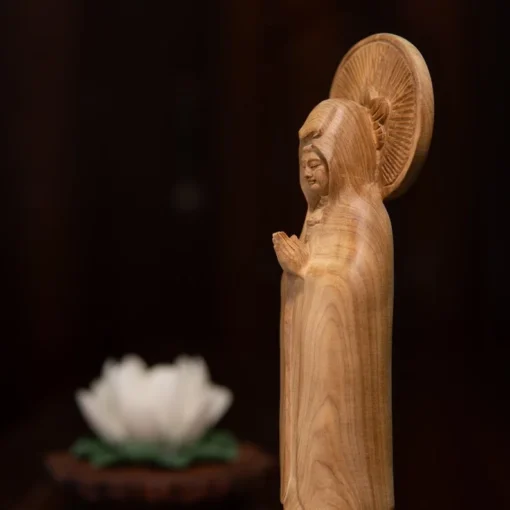 Handcrafted Wooden Guan Yin Statue, 8” Buddha Sculpture, Green Cypress, Ideal for Zen Home Decor & Meditation