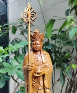 Handcrafted Wooden Ksitigarbha Buddha Statue, 11.8 Inches, Earth Store Bodhisattva, Green Cypress