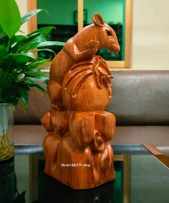 Handcrafted Wooden Rat Statue, Feng Shui Décor, 20x10x7 cm, Padauk Wood