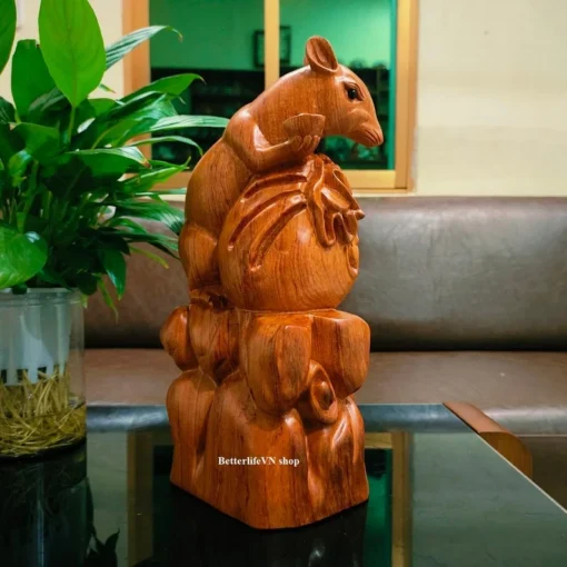 Handcrafted Wooden Rat Statue, Feng Shui Décor, 20x10x7 cm, Padauk Wood