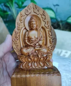 Handicrafted Wood Buddha Statue - 15x8x4 Cm - Green Cypress Wood - Shakyamuni Tathagata Design