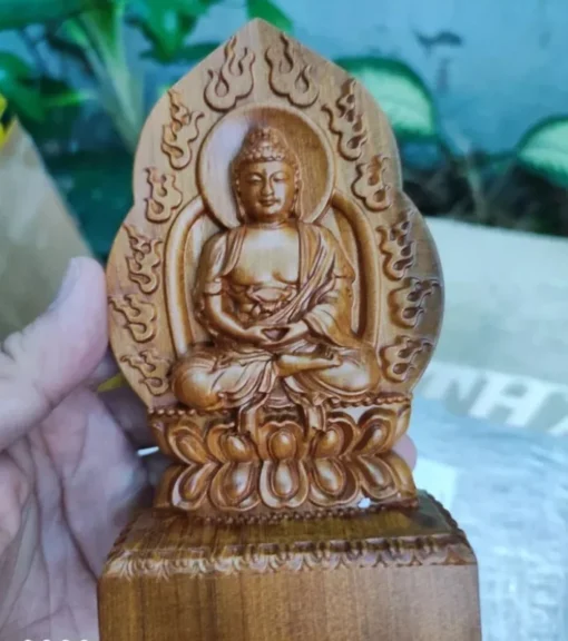 Handicrafted Wood Buddha Statue - 15x8x4 Cm - Green Cypress Wood - Shakyamuni Tathagata Design