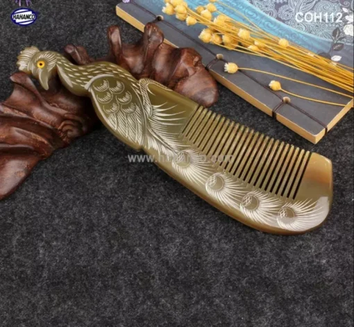 Handmade Buffalo Horn Comb - Peacock Engraved - Natural Anti-Static, Massage Benefits