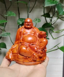 Happy Buddha Statue 3.9 Inches - Wooden Laughing Buddha, Hotei Figurine