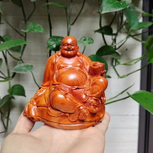 Happy Buddha Statue 3.9 Inches - Wooden Laughing Buddha, Hotei Figurine