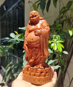 Happy Buddha Statue 7.8 Inches Wooden Maitreya Buddha Crafted Padauk Wood