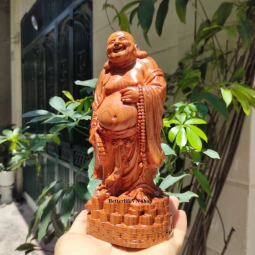 Happy Buddha Statue 7.8 Inches Wooden Maitreya Buddha Crafted Padauk Wood