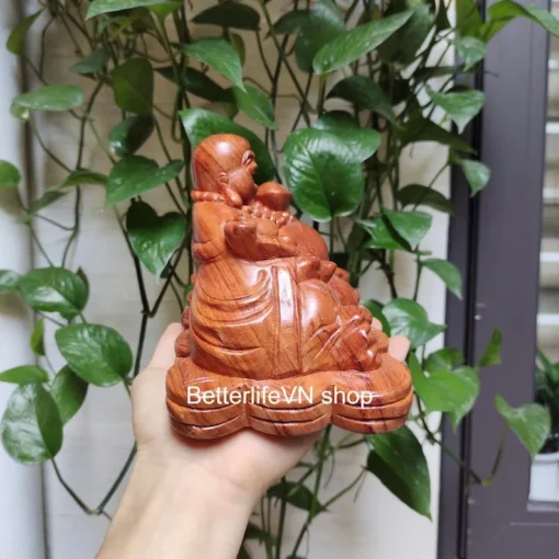 Happy Buddha Statue - Large Size - Handcrafted Wooden Hotei - Premium Padauk Wood