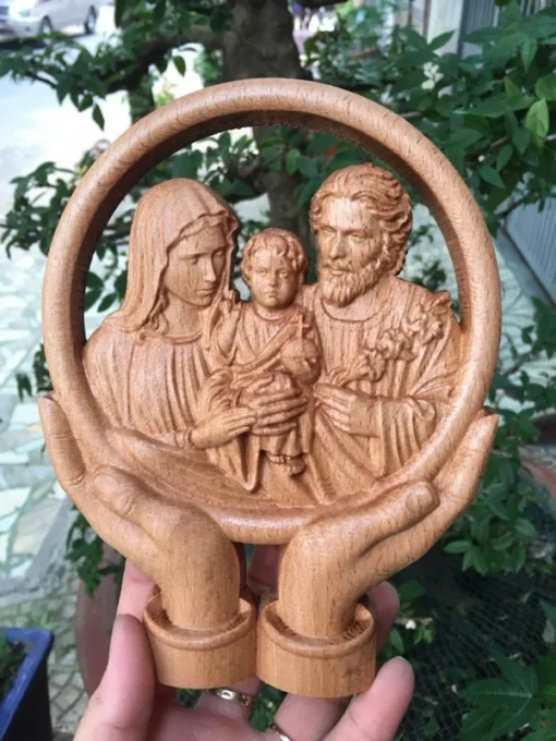 Holy Family Figurine - 14x18x3cm - Wooden Beech Carved Statue