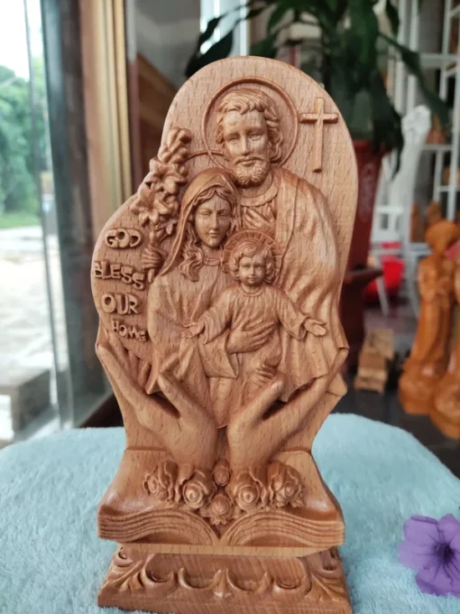 Holy Family Figurine - 8x4 inch - Wooden Beech Statue of Jesus, Virgin Mary & Saint Joseph