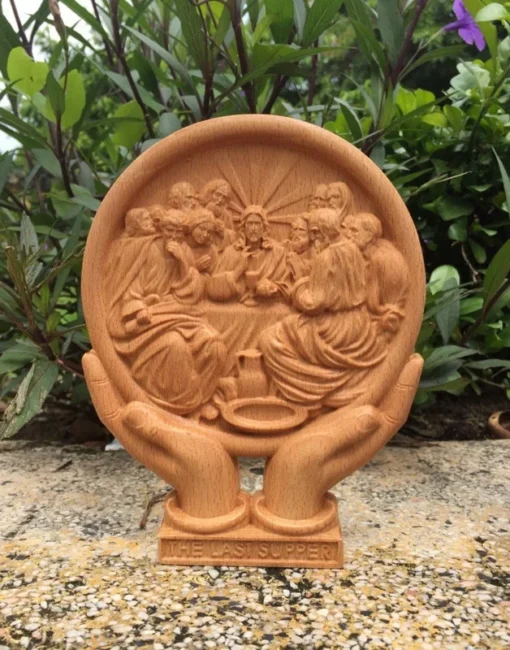 Jesus And Apostles Last Supper Wooden Statue - 18x3x14cm - Beech Wood Carving