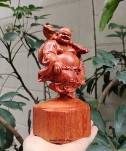 Laughing Buddha Statue - 20cm - Wooden Maitreya Buddha - Handcrafted Padauk