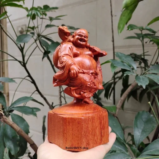 Laughing Buddha Statue - 20cm - Wooden Maitreya Buddha - Handcrafted Padauk