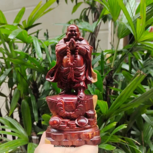 Laughing Buddha Statue 7.8” High Handcrafted Wooden Maitreya Buddha