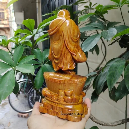 Laughing Buddha Statue 7.8" Wooden Maitreya Buddha Handcrafted Design