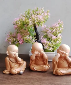 Laughing Buddha Statue Set - 3 Resin Little Monk Statues - Peace, Happiness