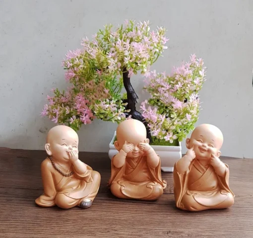 Laughing Buddha Statue Set - 3 Resin Little Monk Statues - Peace, Happiness