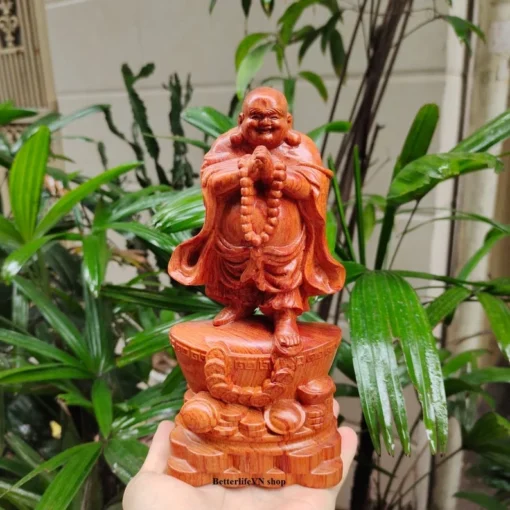 Laughing Buddha Wooden Statue – 7.8” Maitreya Buddha – Padauk Wood Handcrafted