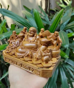 Laughing Buddha Wooden Statue 9cm with 5 Little Kids - Maitreya Buddha Feng Shui Gift