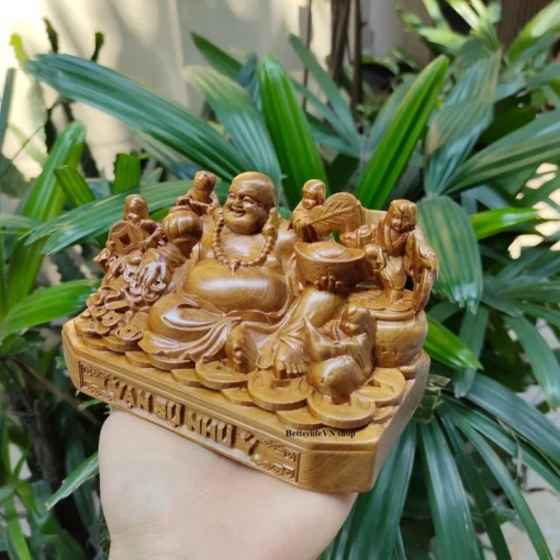 Laughing Buddha Wooden Statue 9cm with 5 Little Kids - Maitreya Buddha Feng Shui Gift