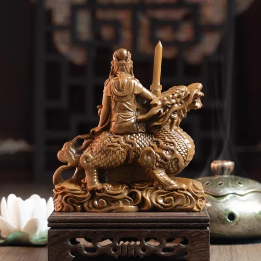 Manjushri Bodhisattva Statue 14cm Ride Lion Handcrafted Green Cypress Wood