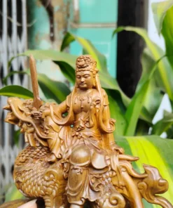 Manjushri Bodhisattva Statue – 14x15x6 cm – Handcrafted Green Cypress Wood