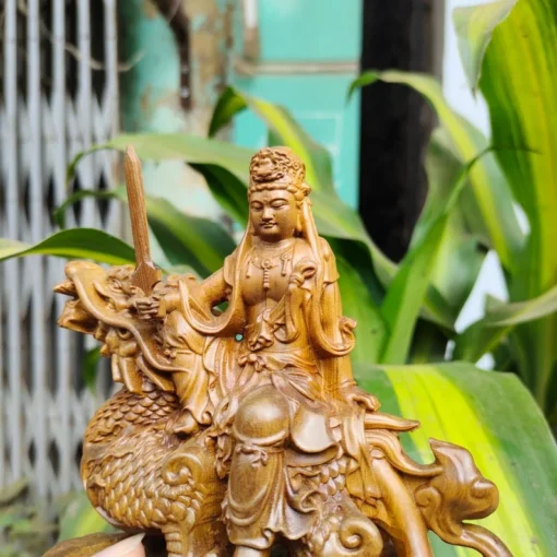 Manjushri Bodhisattva Statue – 14x15x6 cm – Handcrafted Green Cypress Wood